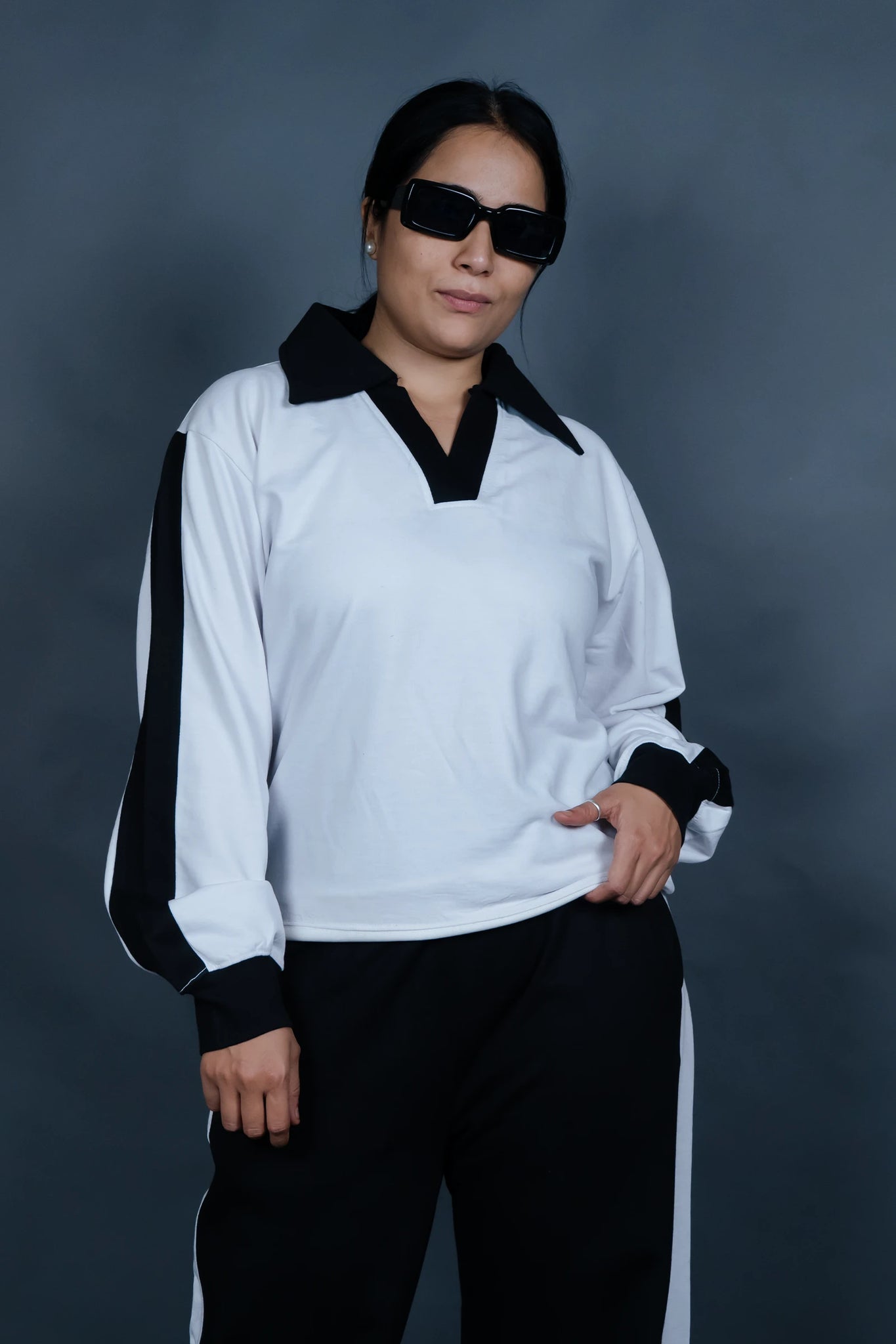 Trendy Two-Piece Color Block Outfit - Long Sleeve Lapel Sweatshirt and Pants Set for Women - Casual, Comfortable, and Chic Clothing for Everyday Wear