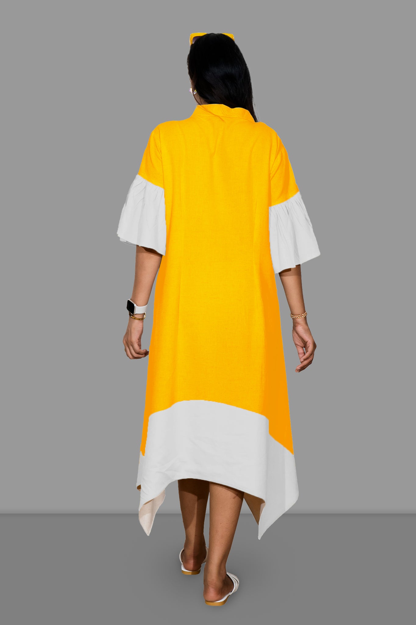 Asymmetric Hemline Flared Kurta Dress(Yellow)