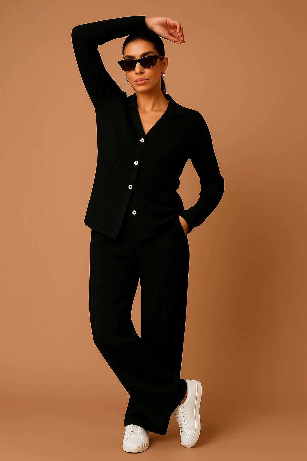Broad Rib Front Button Tee & Pant Set(black)