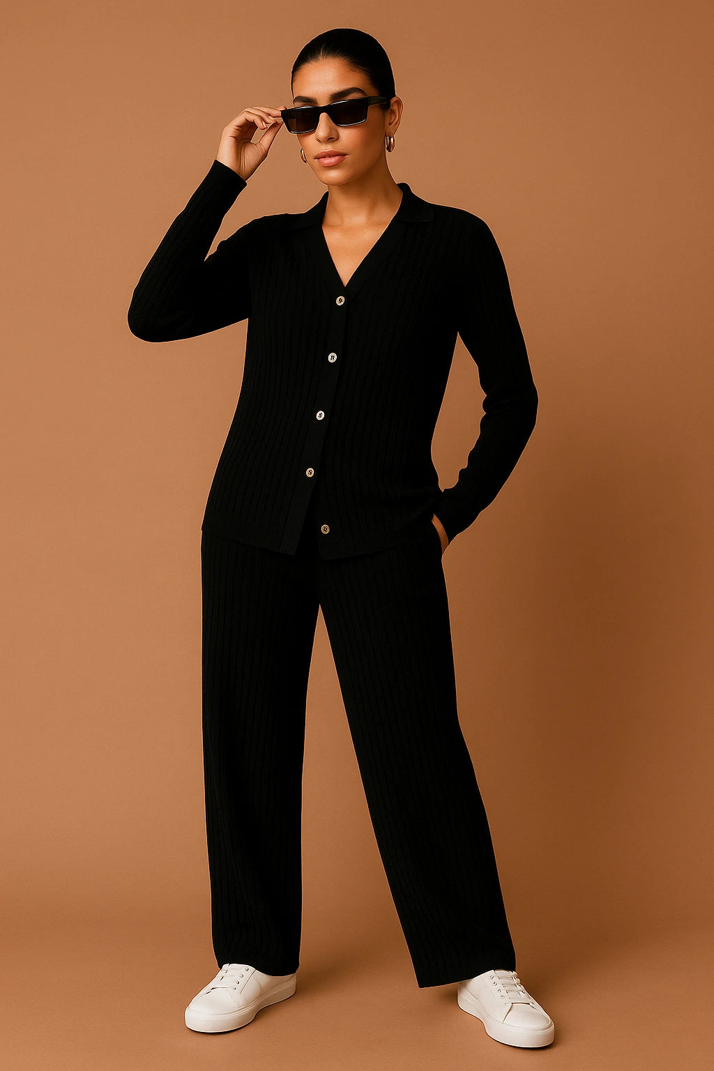 Broad Rib Front Button Tee & Pant Set(black)