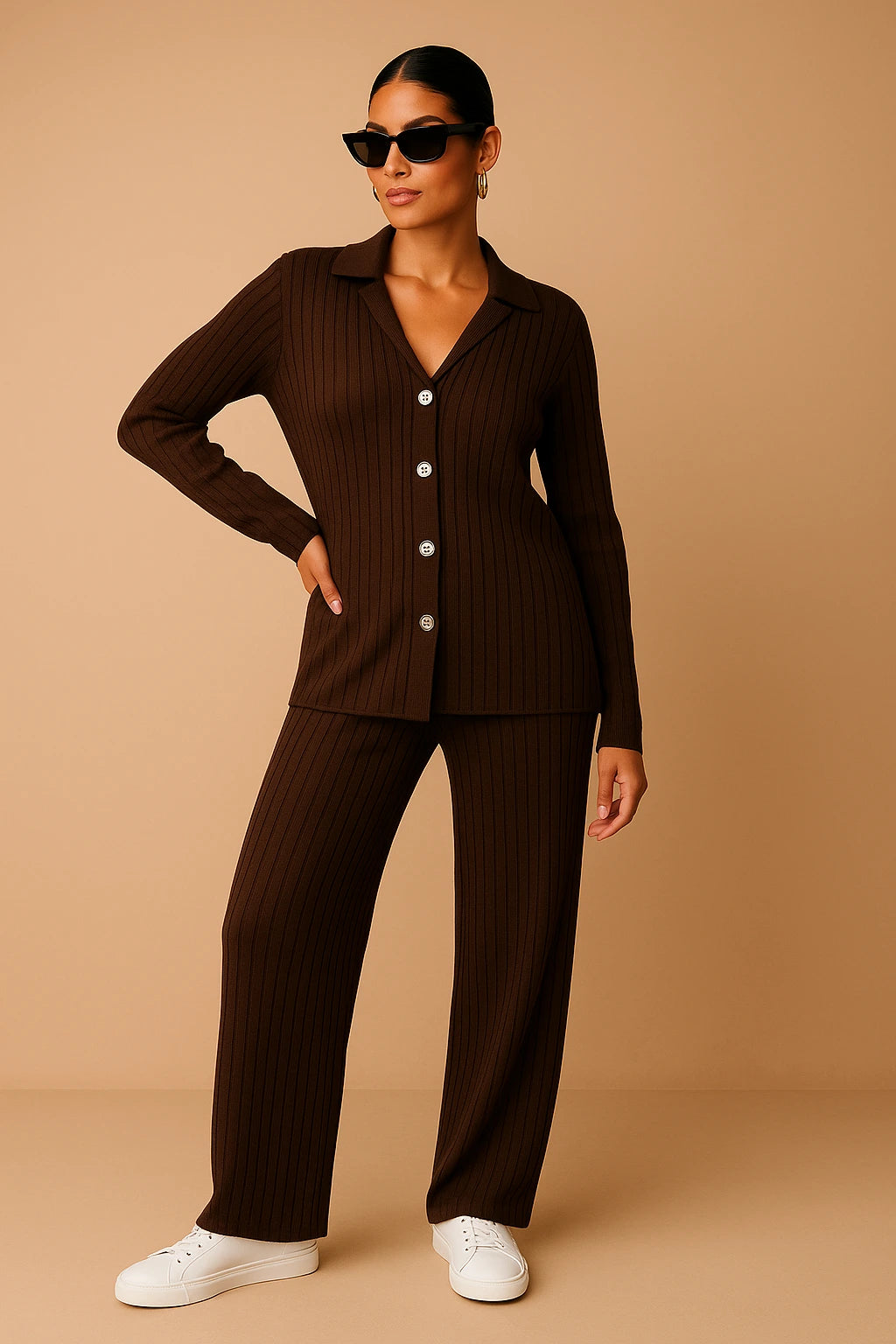 Broad Rib Front Button Tee & Pant Set(brown)
