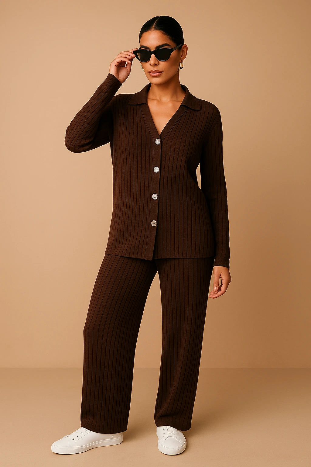 Broad Rib Front Button Tee & Pant Set(brown)