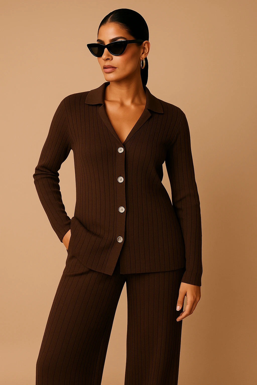 Broad Rib Front Button Tee & Pant Set(brown)