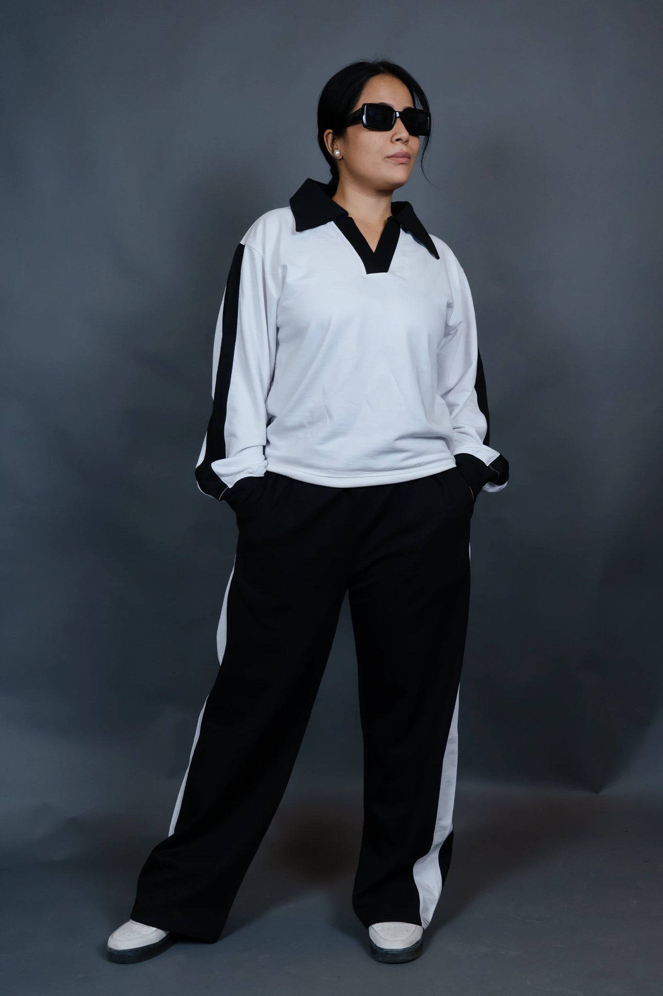 Trendy Two-Piece Color Block Outfit - Long Sleeve Lapel Sweatshirt and Pants Set for Women - Casual, Comfortable, and Chic Clothing for Everyday Wear