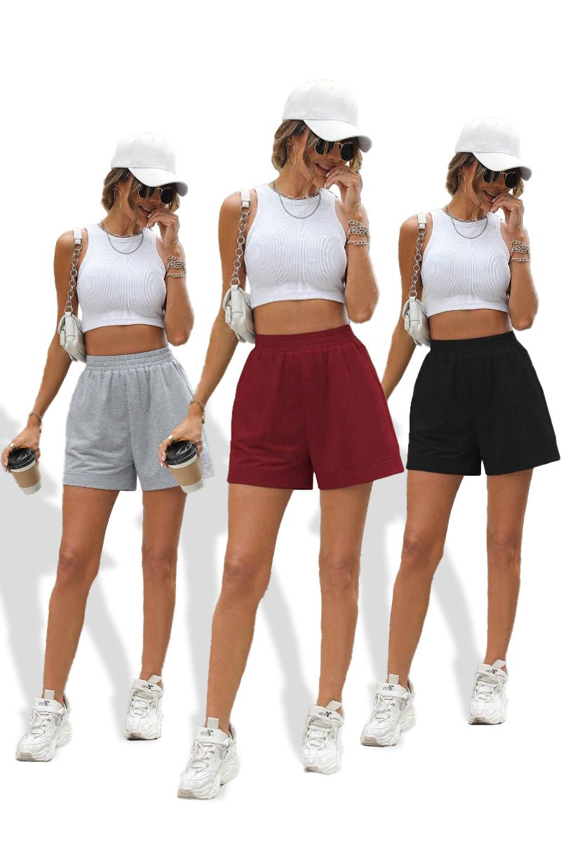 3pcs Solid Elastic Waist Track Shorts (grey/maroon/black)