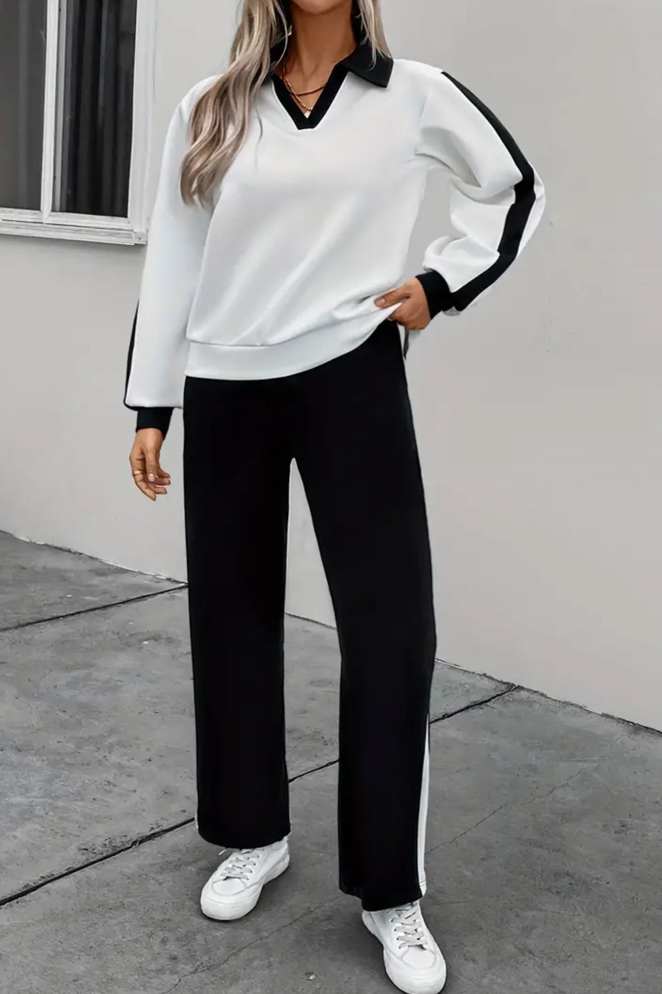 Trendy Two-Piece Color Block Outfit - Long Sleeve Lapel Sweatshirt and Pants Set for Women - Casual, Comfortable, and Chic Clothing for Everyday Wear