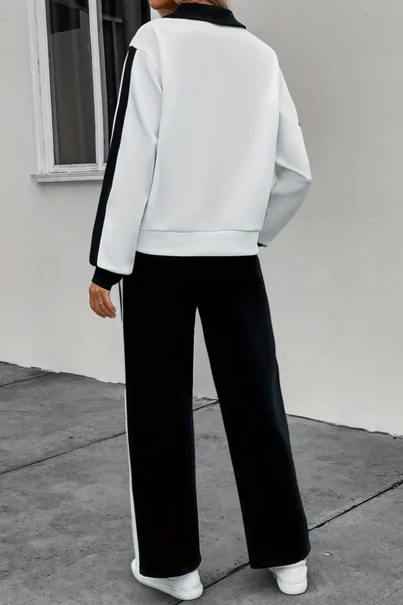 Trendy Two-Piece Color Block Outfit - Long Sleeve Lapel Sweatshirt and Pants Set for Women - Casual, Comfortable, and Chic Clothing for Everyday Wear