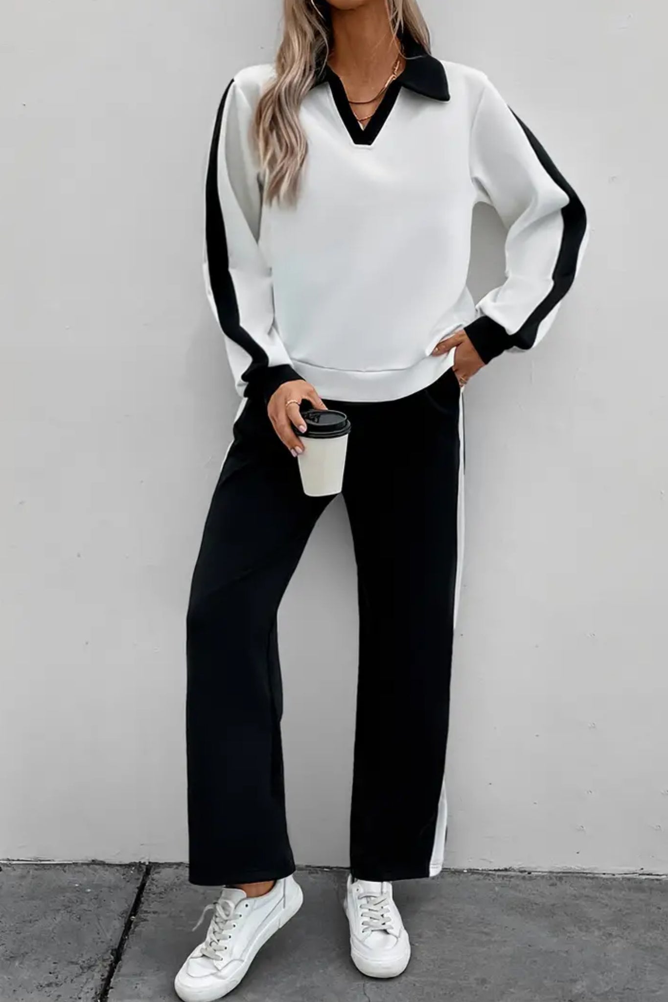 Trendy Two-Piece Color Block Outfit - Long Sleeve Lapel Sweatshirt and Pants Set for Women - Casual, Comfortable, and Chic Clothing for Everyday Wear