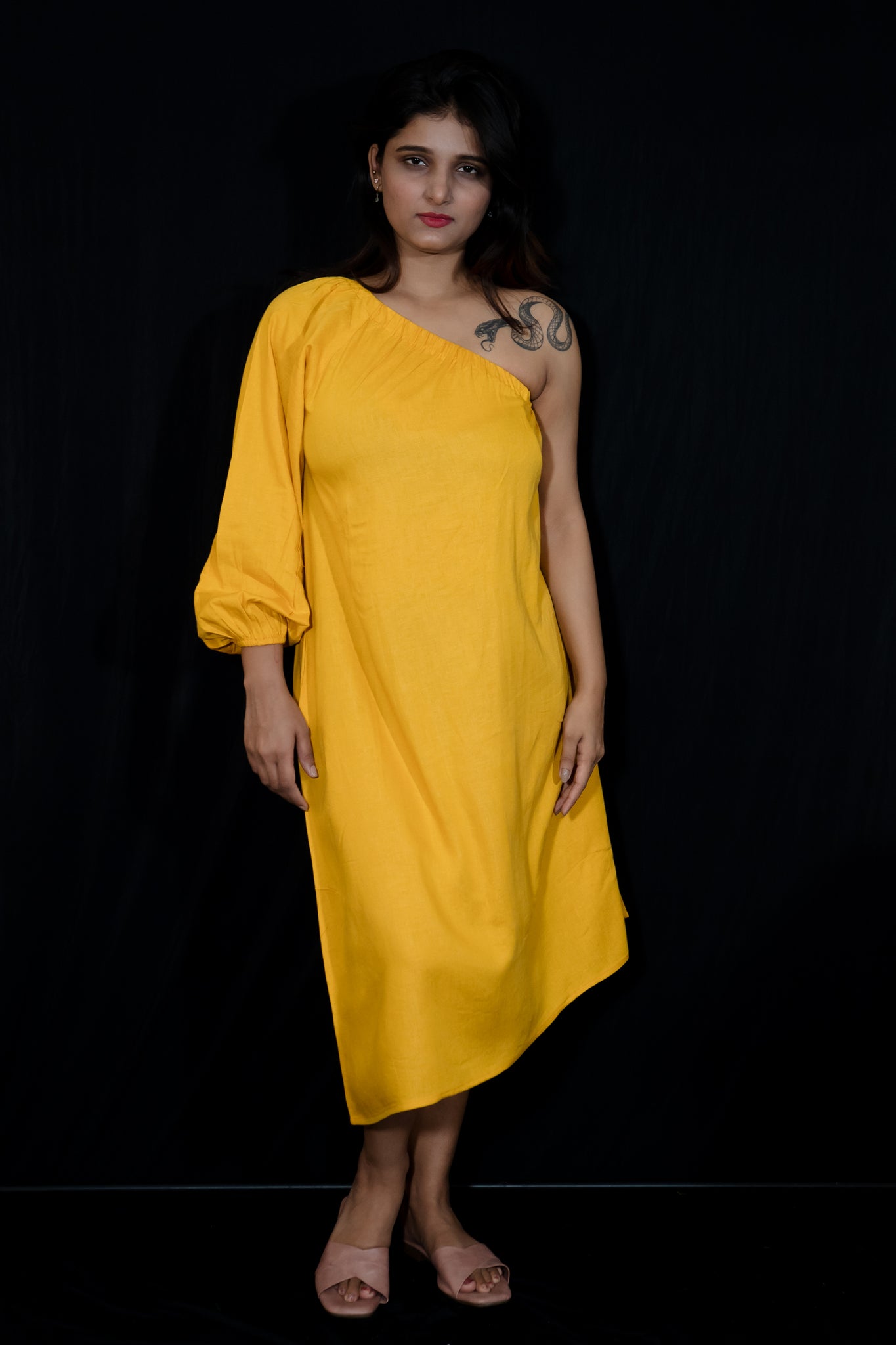 Classic One Shoulder Dress In Mustard