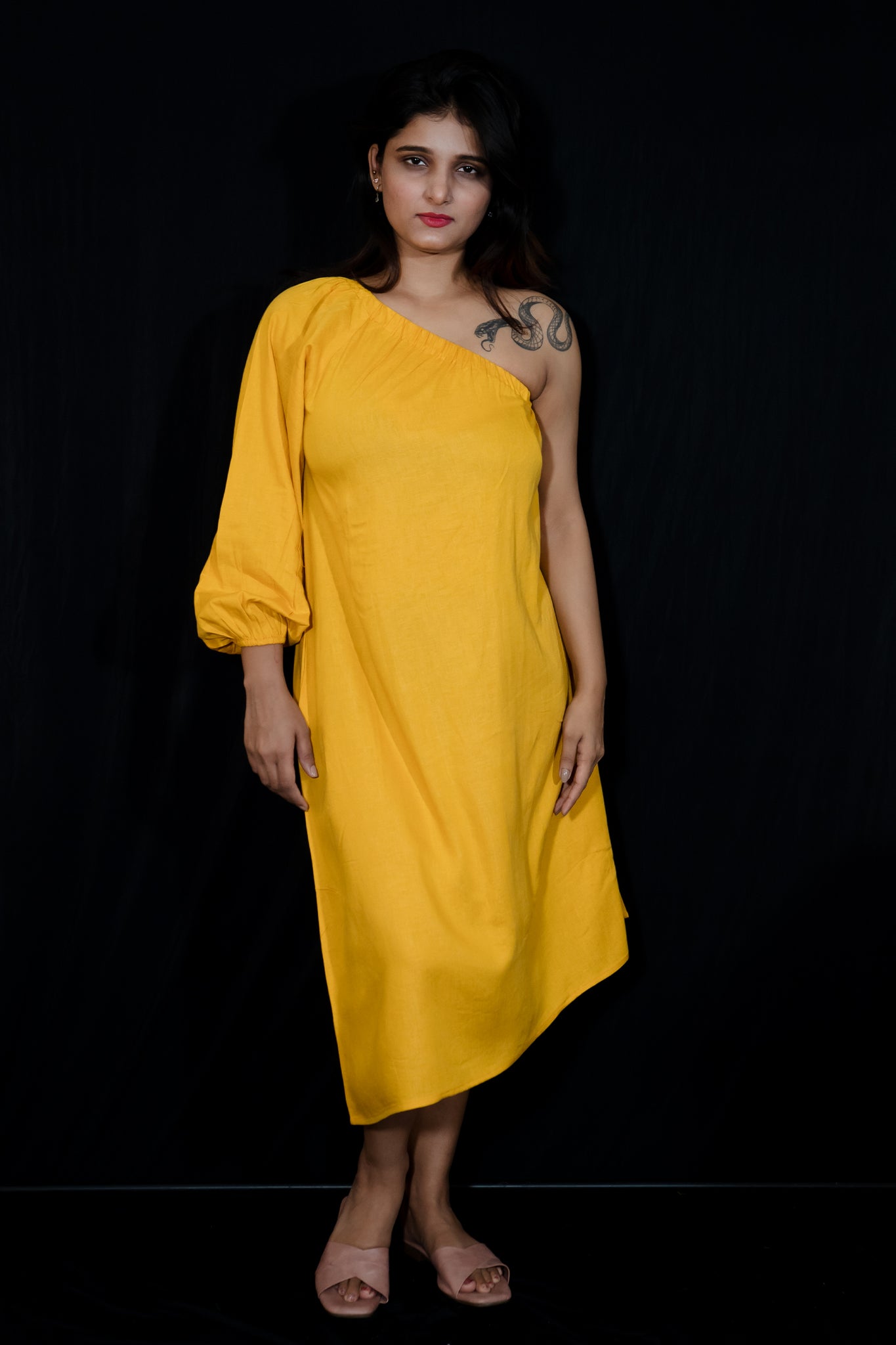 Classic One Shoulder Dress In Mustard