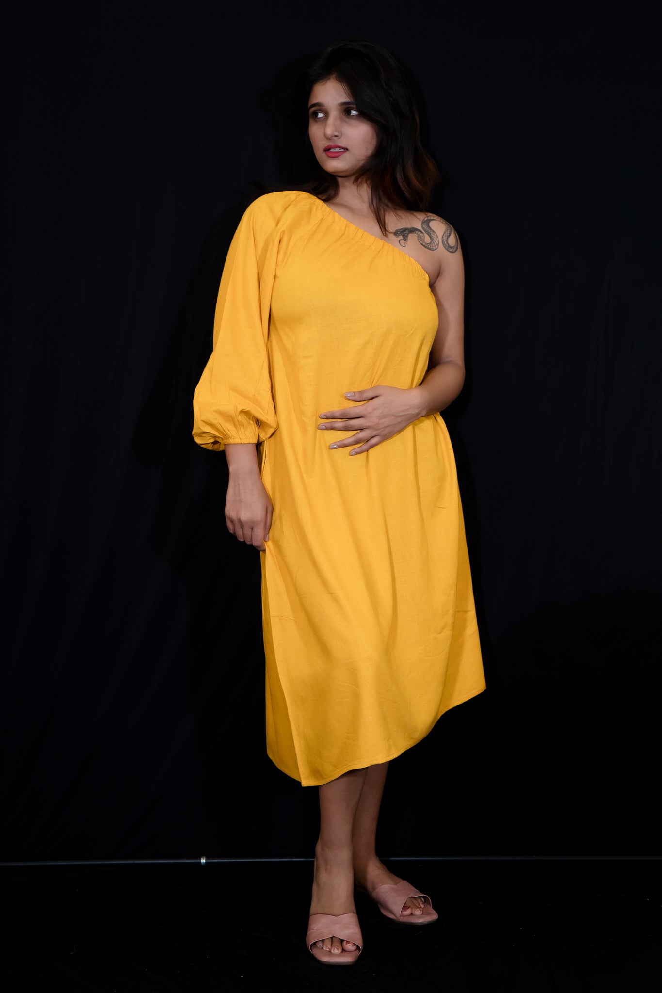 Classic One Shoulder Dress In Mustard