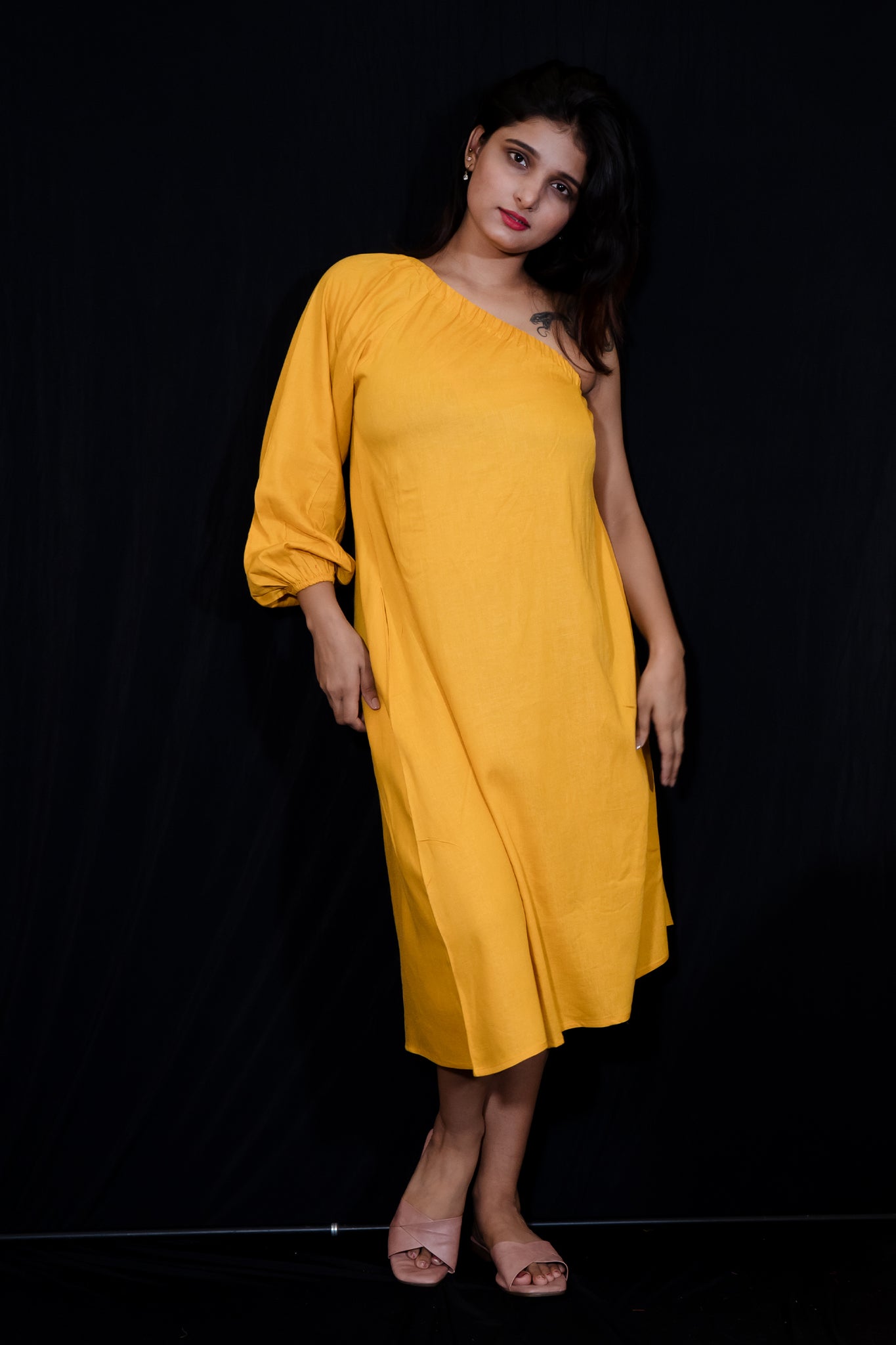 Classic One Shoulder Dress In Mustard