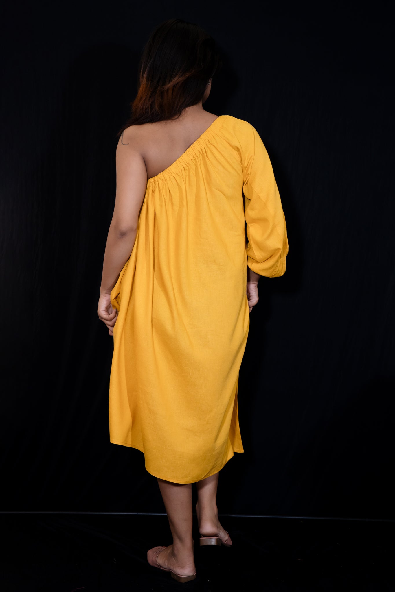 Classic One Shoulder Dress In Mustard