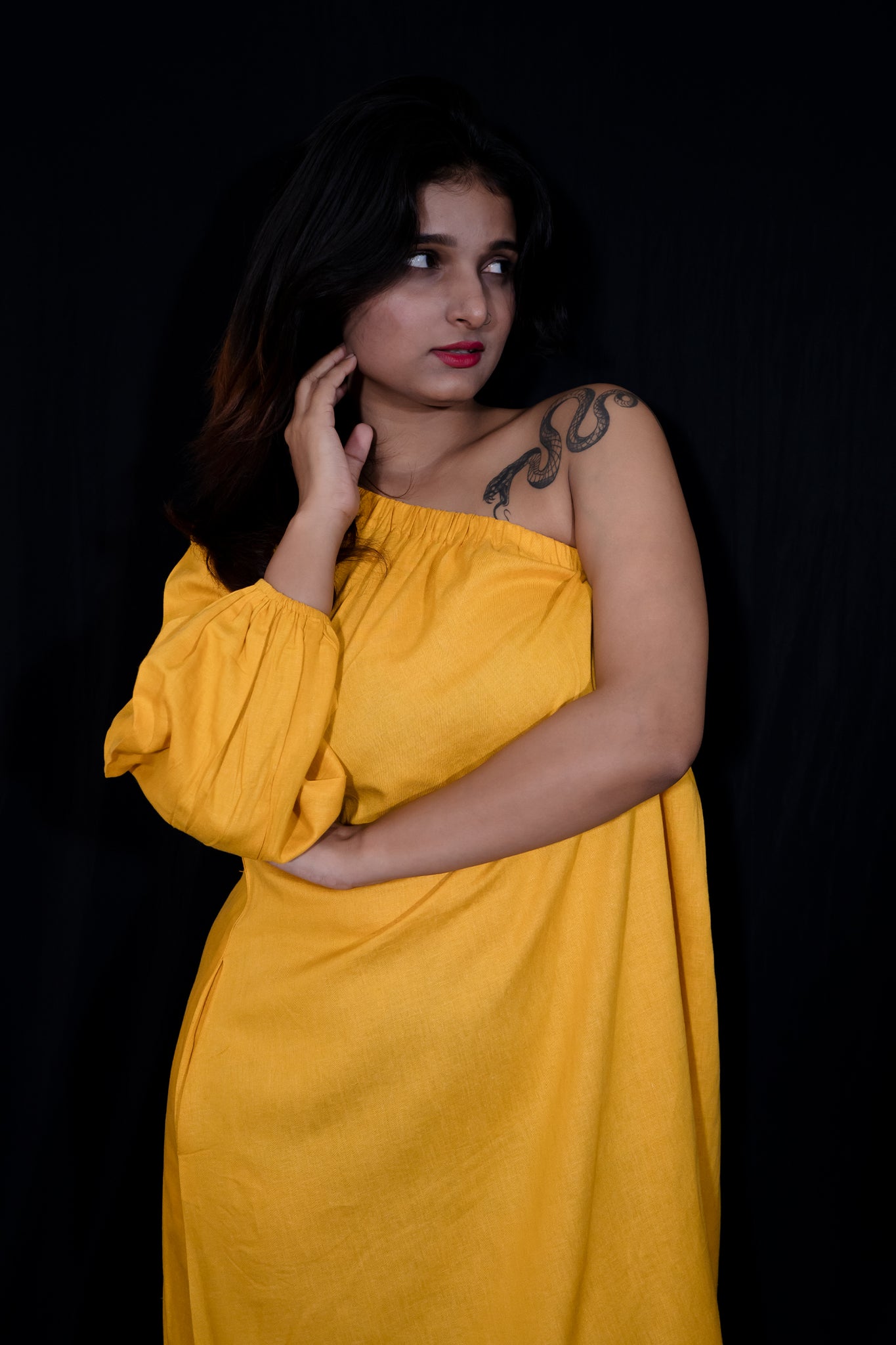 Classic One Shoulder Dress In Mustard