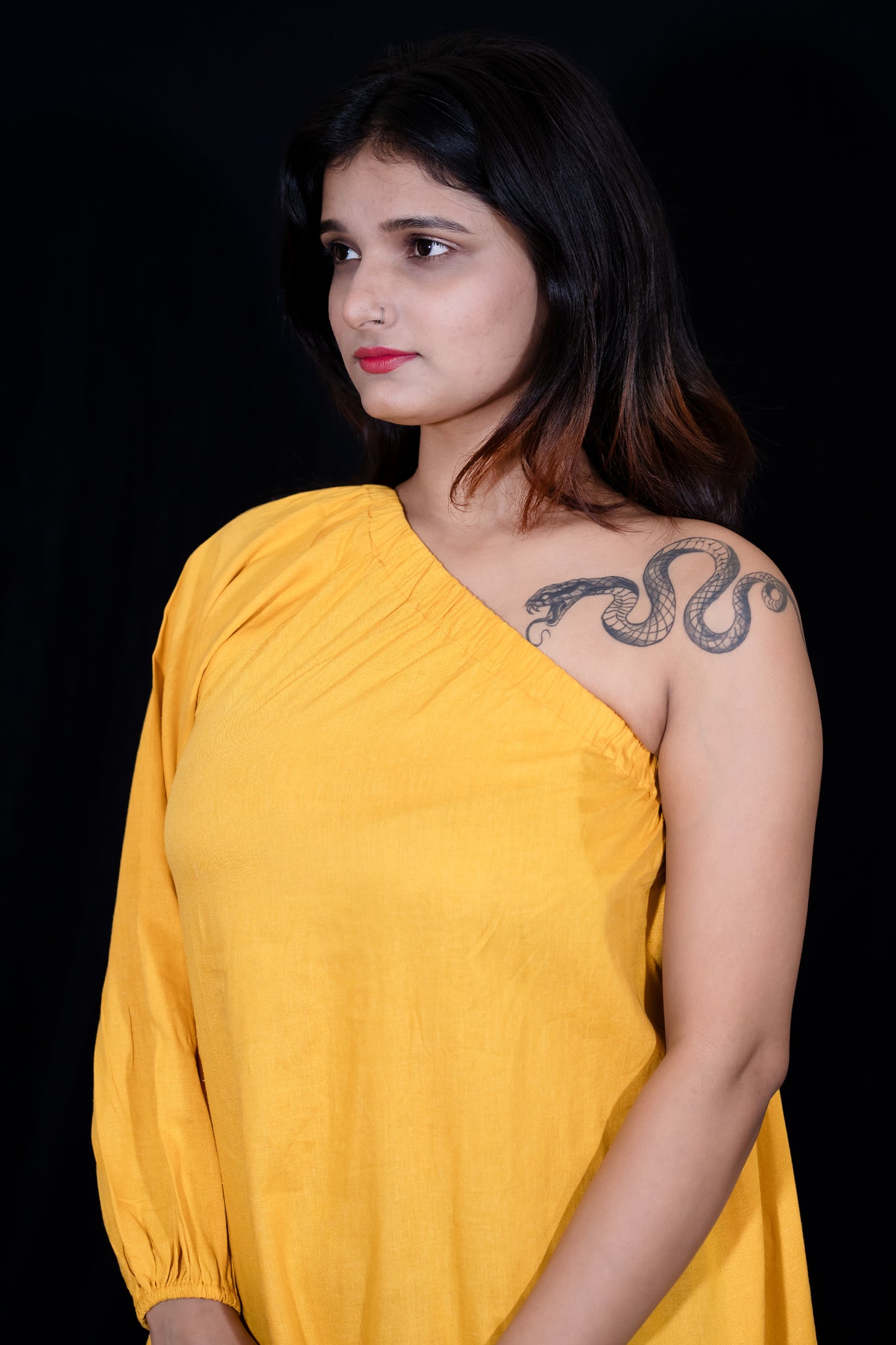 Classic One Shoulder Dress In Mustard