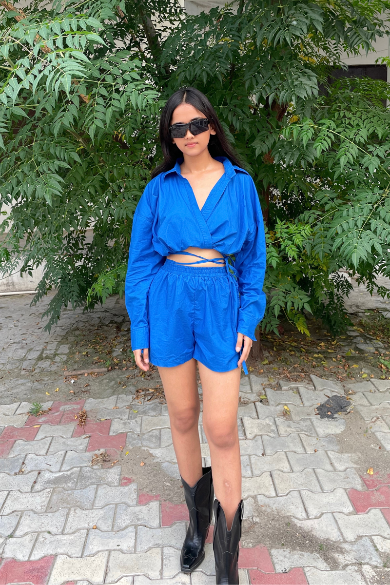 Crop String Shirt & Shorts Set/Blue