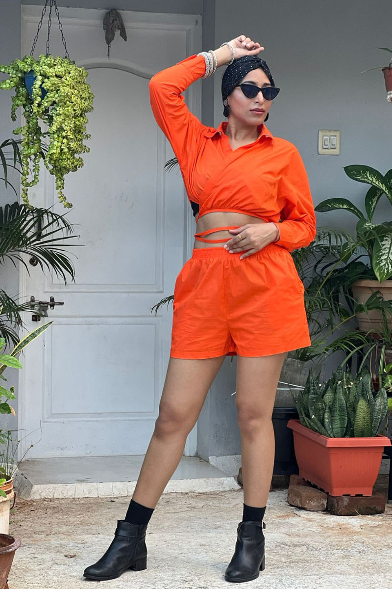 Crop String Shirt & Shorts Set/Orange