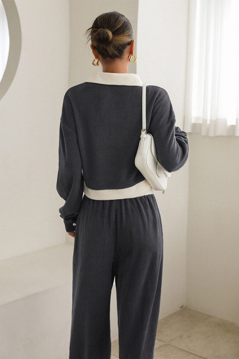 DAZY Contrast Collar Drop Shoulder Crop Sweatshirt & Sweatpants/Dark Grey