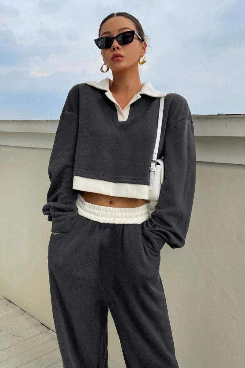 DAZY Contrast Collar Drop Shoulder Crop Sweatshirt & Sweatpants/Dark Grey