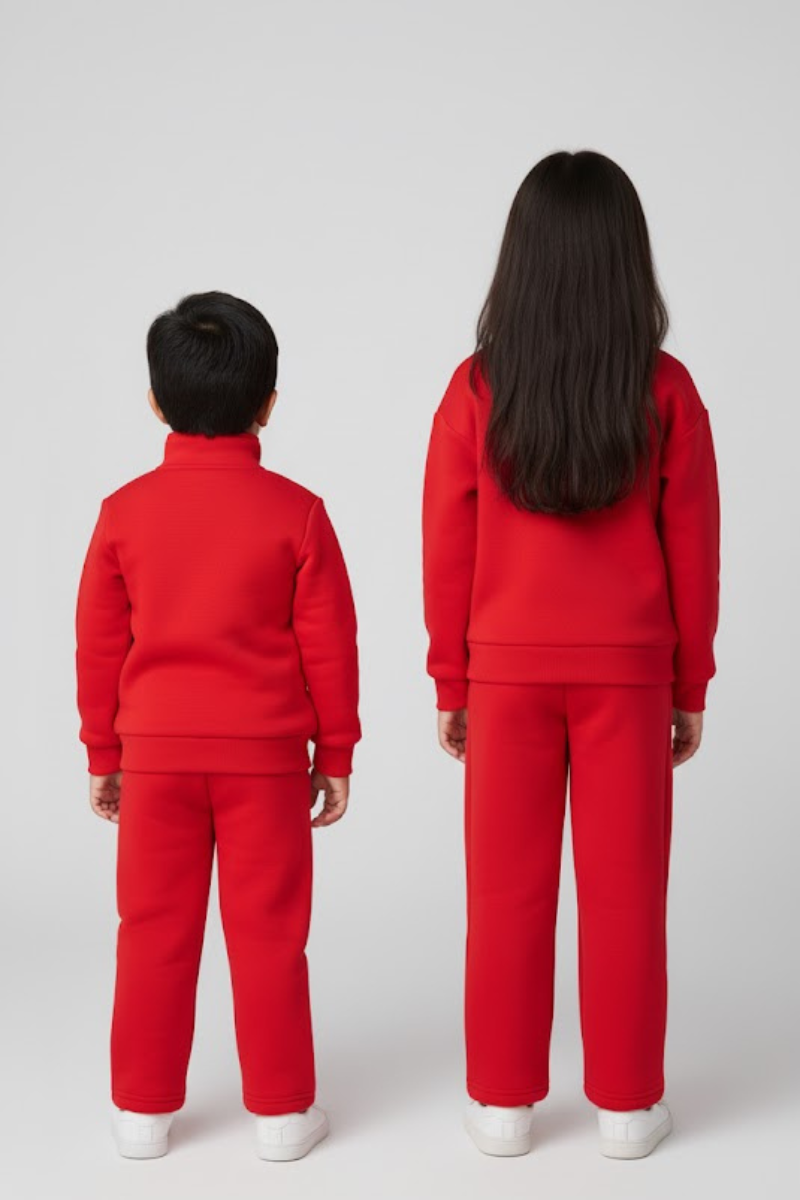 Casual Sweatshirt & Joggers Set - Solid Color, High Neck, Long Sleeve with Button Detail/Red