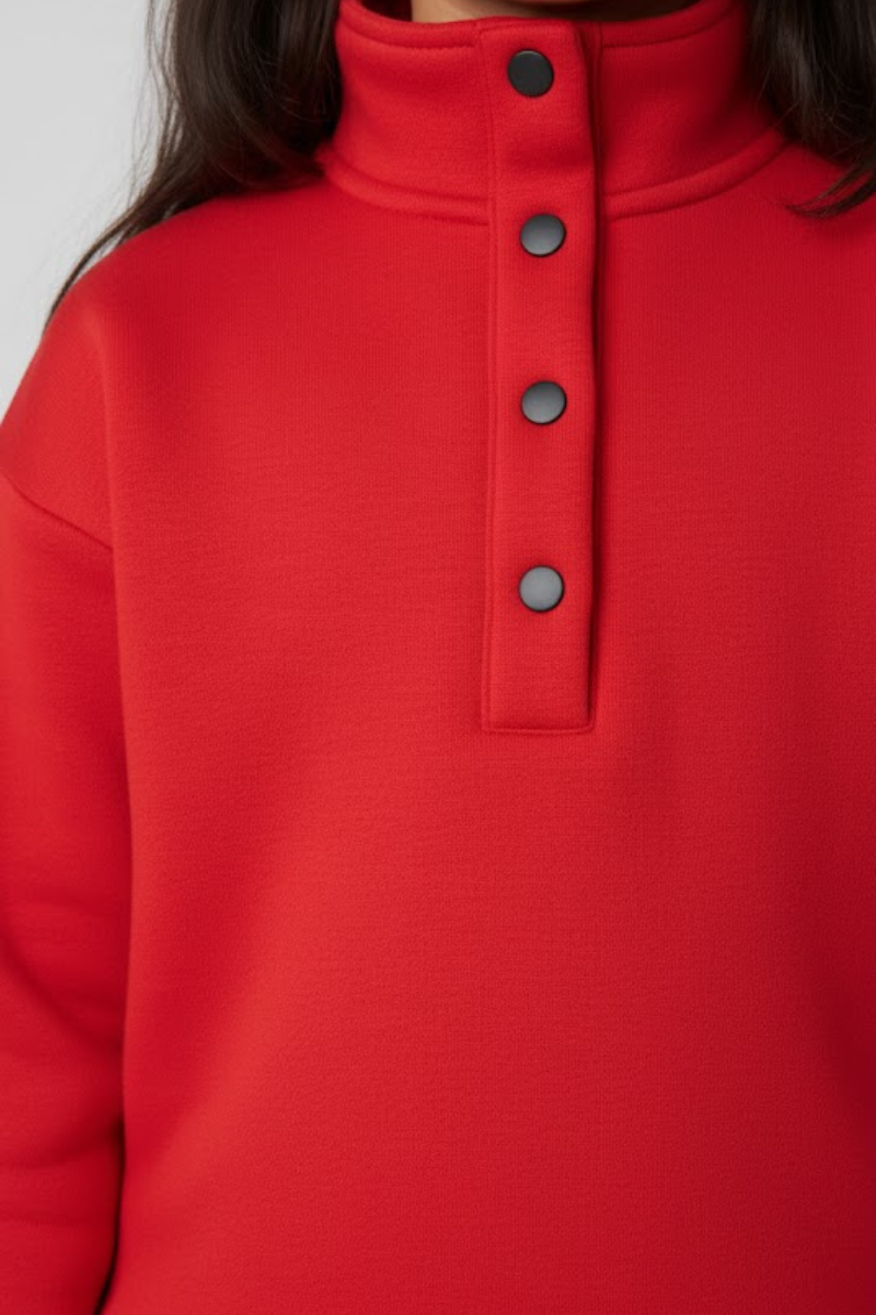 Casual Sweatshirt & Joggers Set - Solid Color, High Neck, Long Sleeve with Button Detail/Red