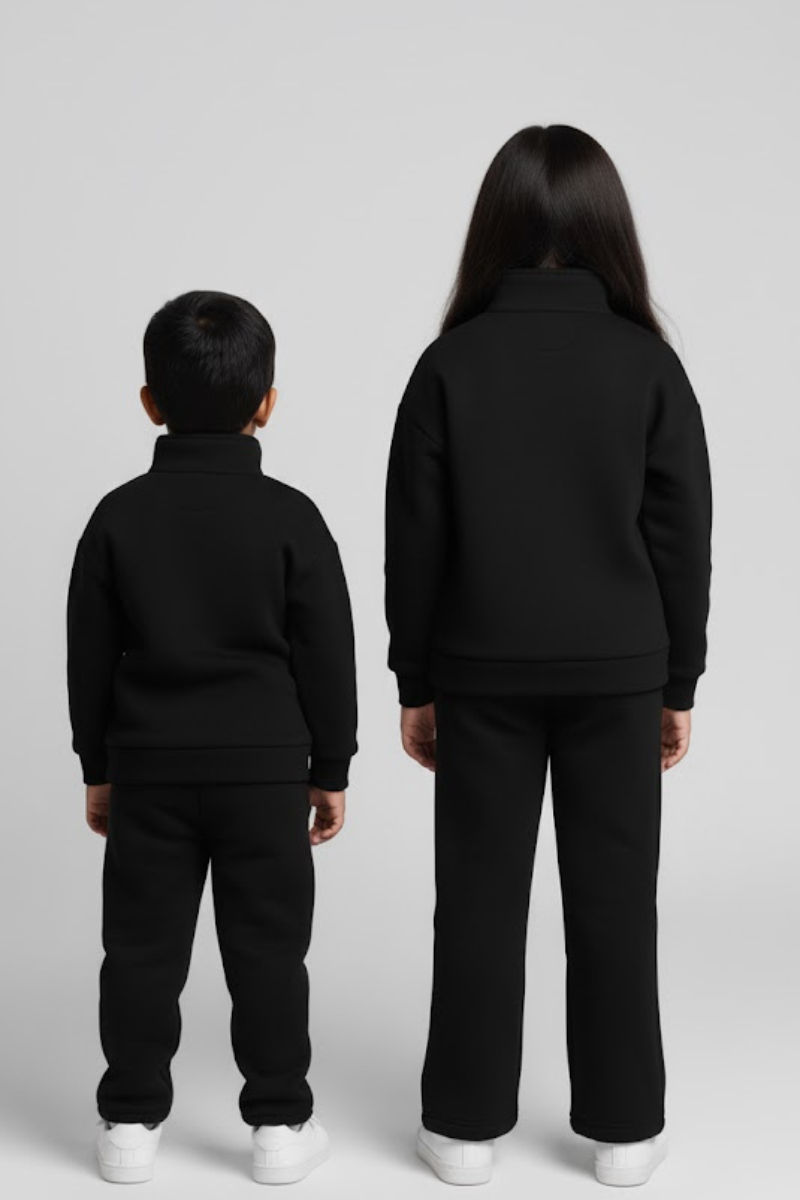 Casual Sweatshirt & Joggers Set - Solid Color, High Neck, Long Sleeve with Button Detail/Black