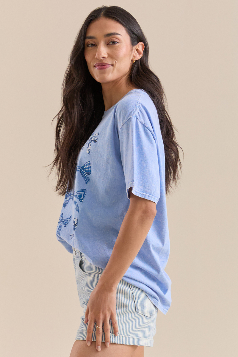 Printed Bow Grid Oversize T-shirt