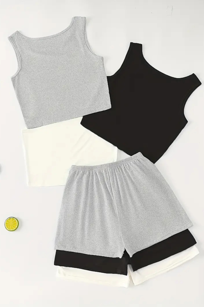 [3 Sets Solid Lounge Essentials] 3 Sets Simple Solid Lounge Set, Crew Neck Sleeveless Top & Elastic Waistband Shorts, Women's Loungewear & Sleepwear