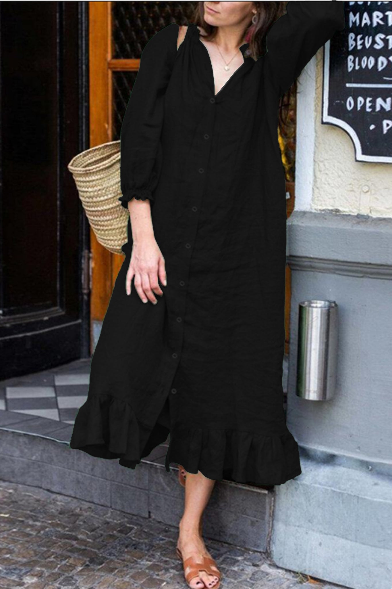 puff sleeve  ruffle hem linen shirt dress(black)