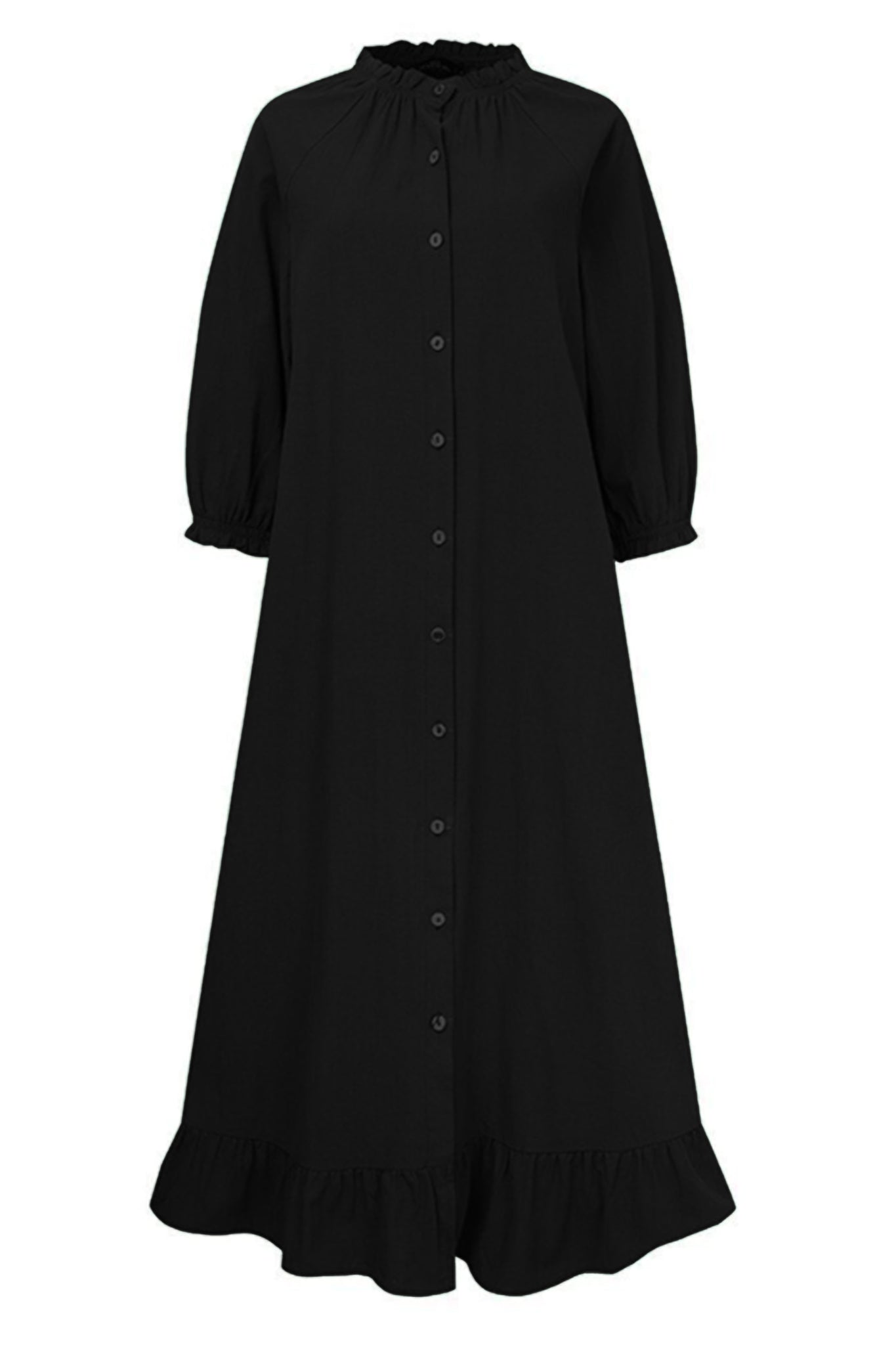 puff sleeve  ruffle hem linen shirt dress(black)