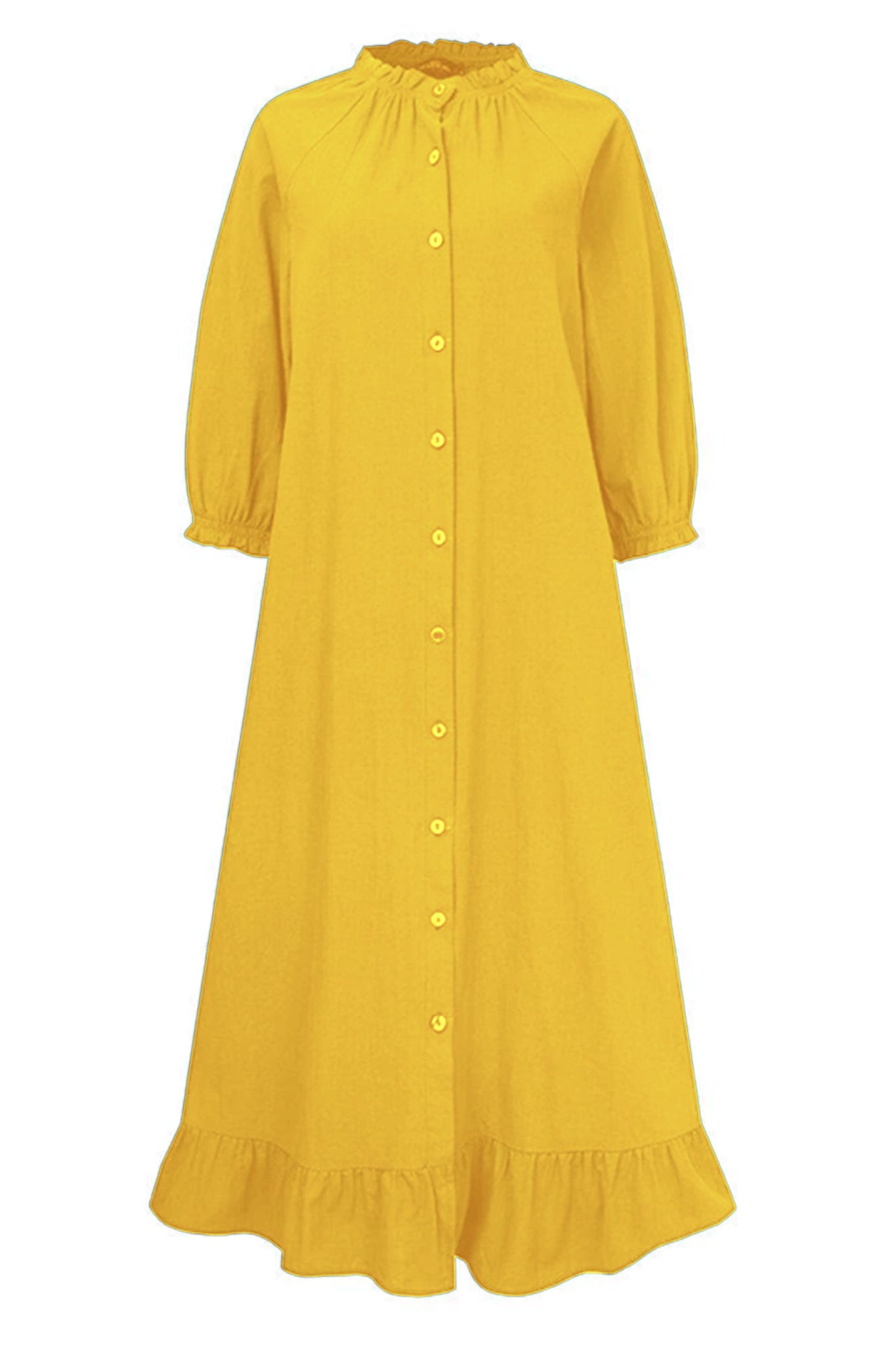 puff sleeve ruffle hem linen shirt dress(mustard yellow)