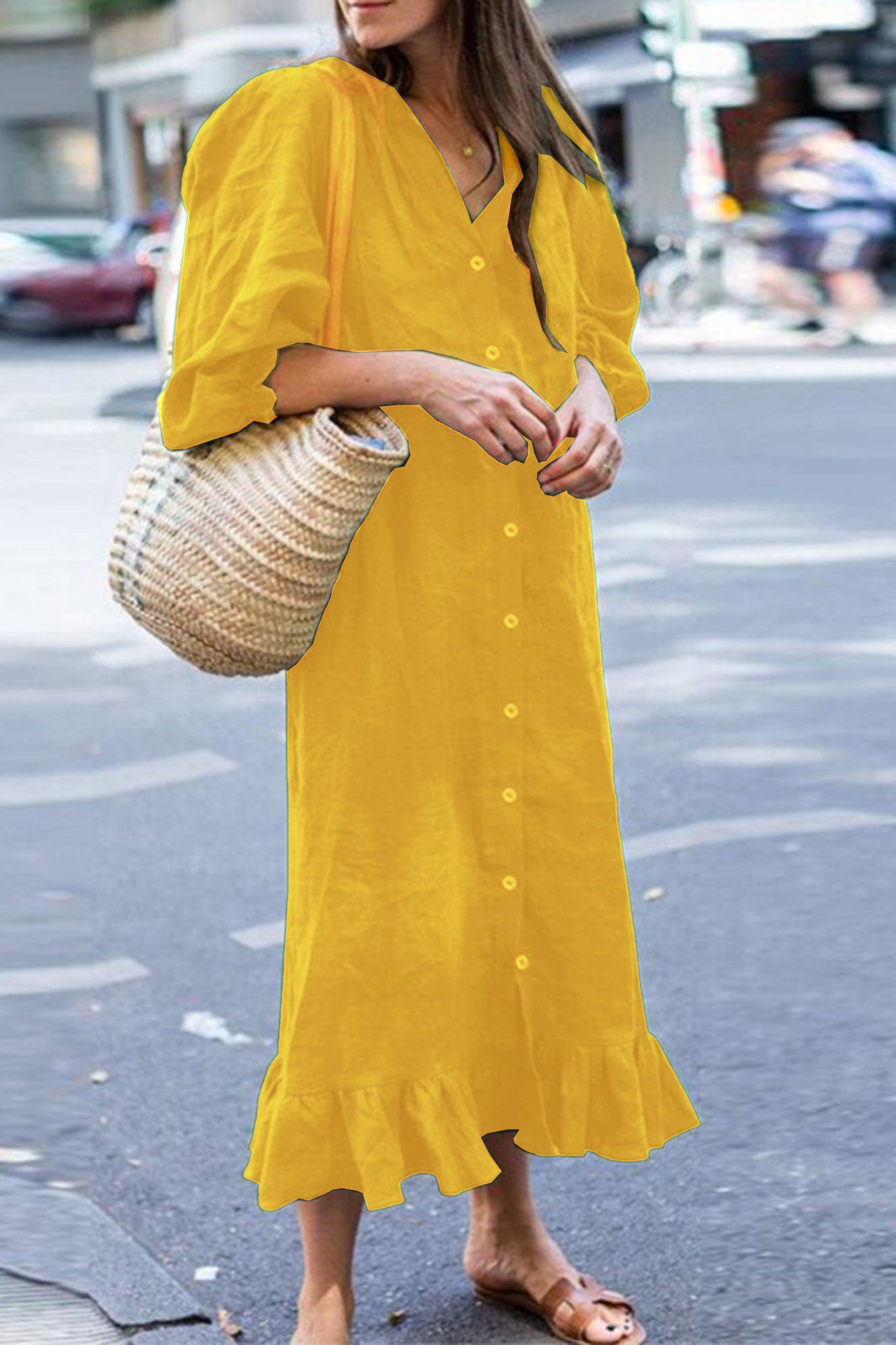 puff sleeve  ruffle hem linen shirt dress(mustard yellow)