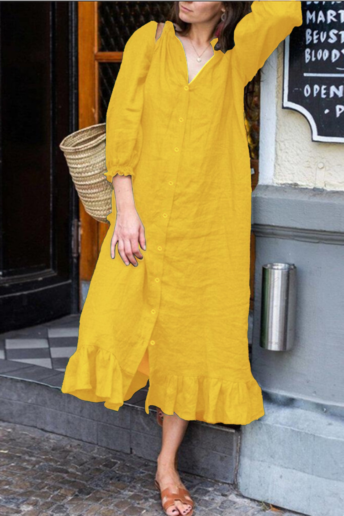 puff sleeve ruffle hem linen shirt dress(mustard yellow)