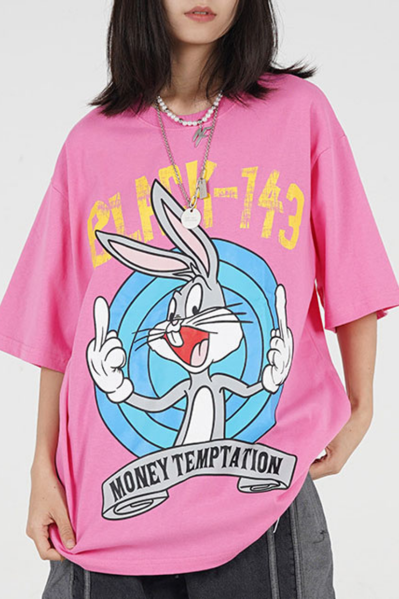 Starling Rabbit Cartoon Print Oversized Short Sleeve Hip Hop Graphic Tees