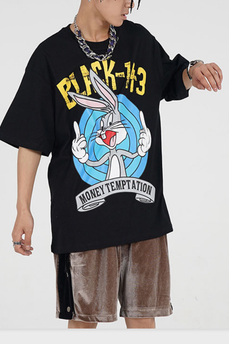 Starling Rabbit Cartoon Print Oversized Short Sleeve Hip Hop Graphic Tees