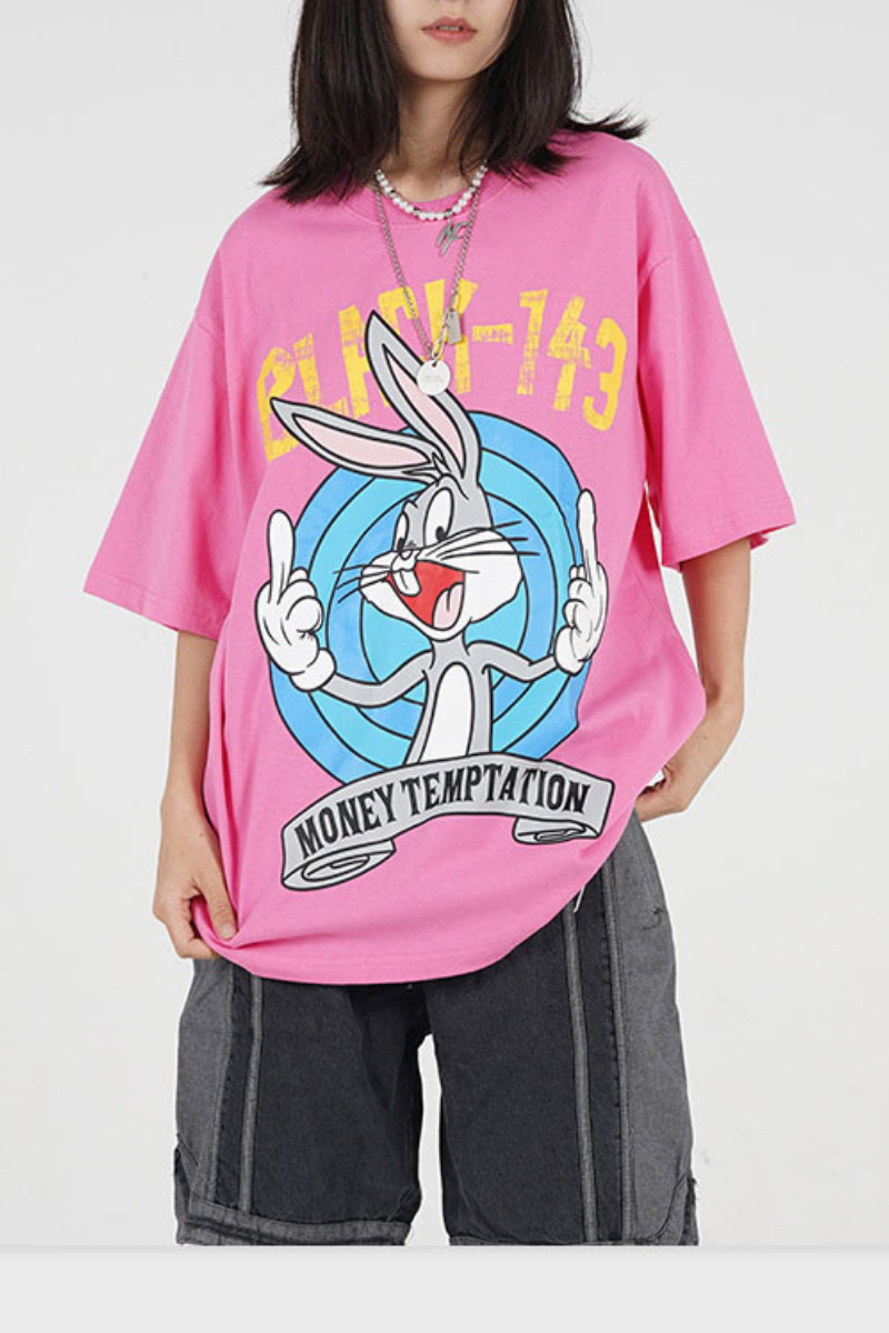 Starling Rabbit Cartoon Print Oversized Short Sleeve Hip Hop Graphic Tees