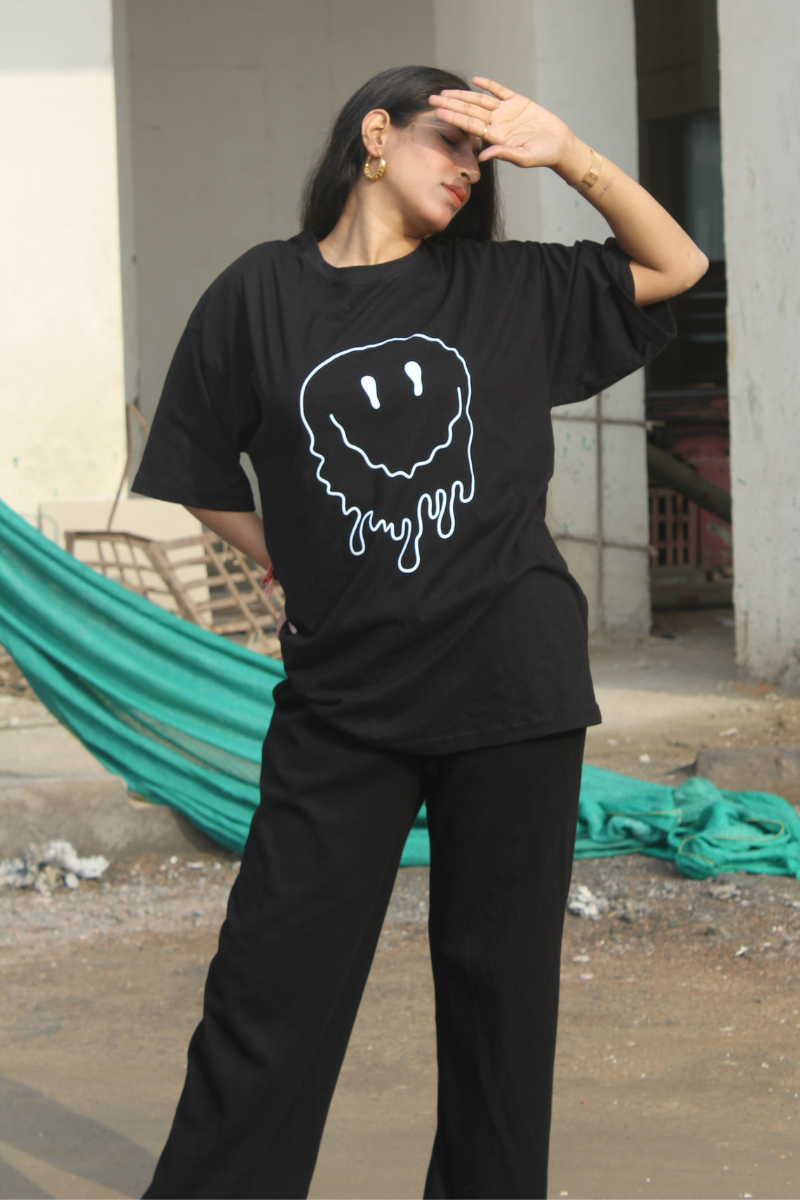 Smile Face Print Short-Sleeve Oversized T-Shirt