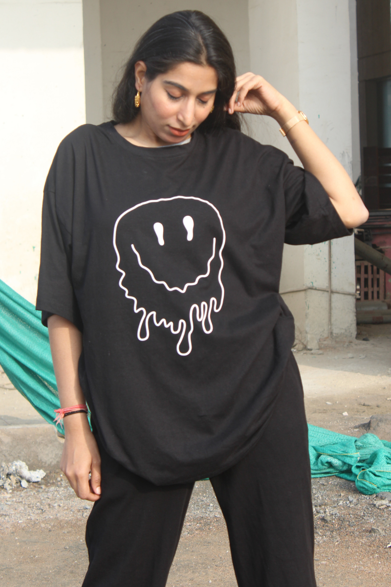 Smile Face Print Short-Sleeve Oversized T-Shirt