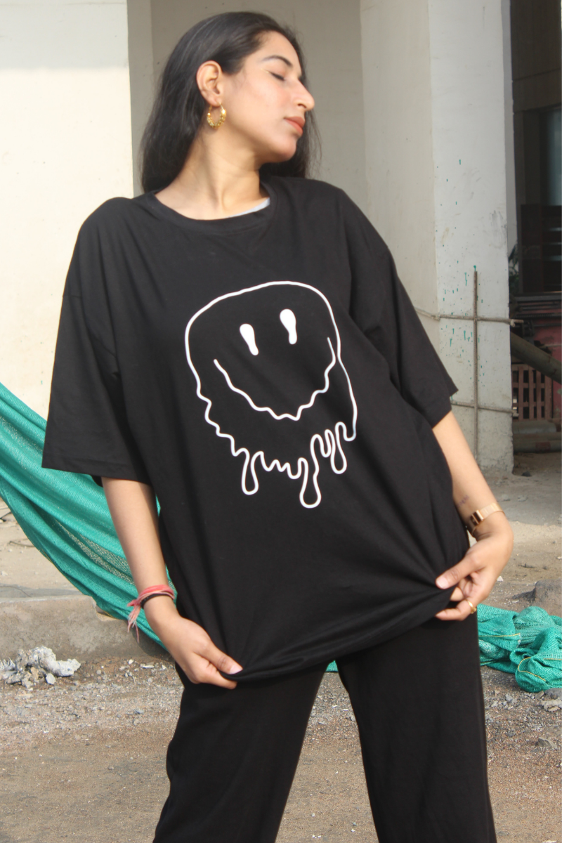 Smile Face Print Short-Sleeve Oversized T-Shirt