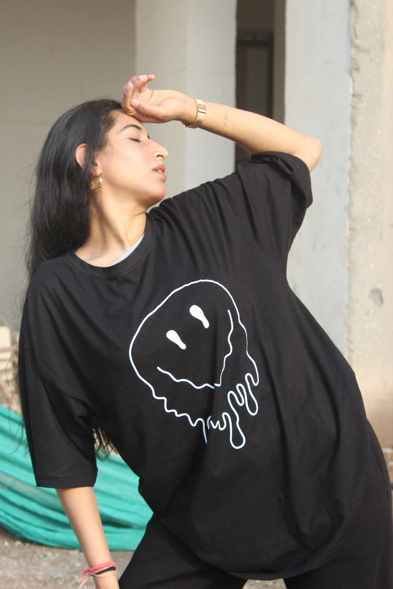 Smile Face Print Short-Sleeve Oversized T-Shirt