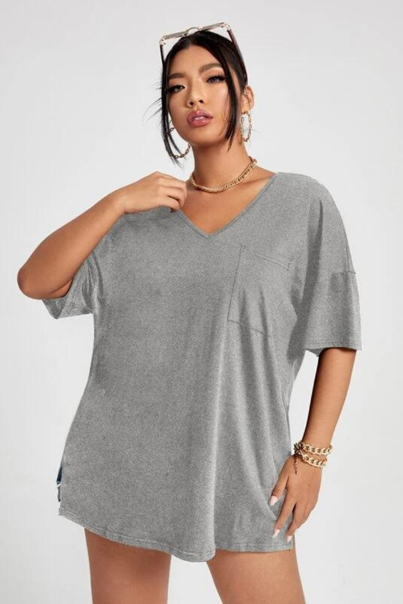 Solid Colour V Neck Side Split Hem Oversized T-shirt