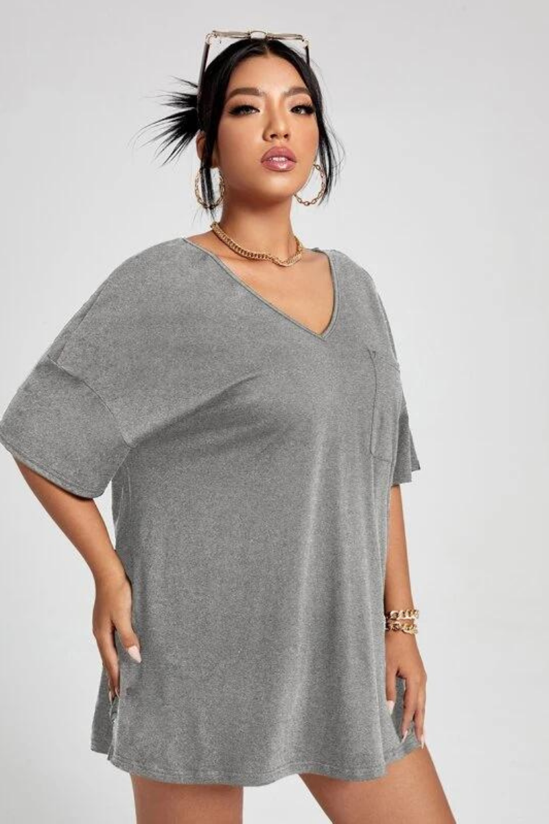 Solid Colour V Neck Side Split Hem Oversized T-shirt