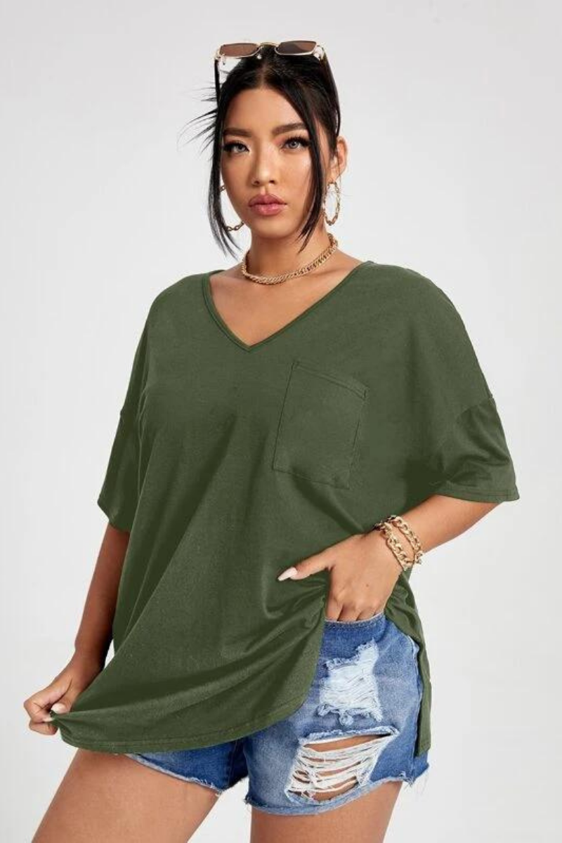 Solid Colour V Neck Side Split Hem Oversized T-shirt