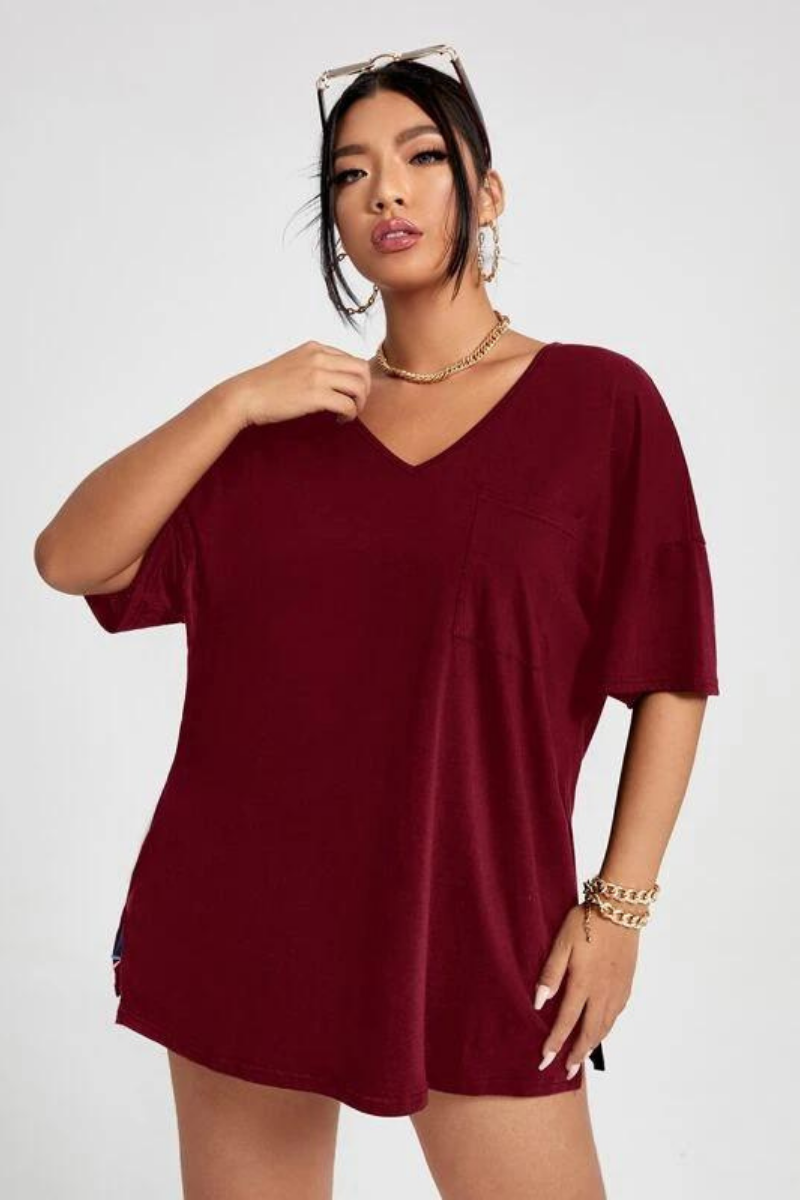 Solid Colour V Neck Side Split Hem Oversized T-shirt