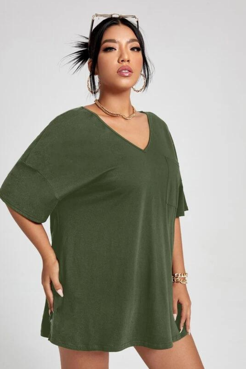 Solid Colour V Neck Side Split Hem Oversized T-shirt