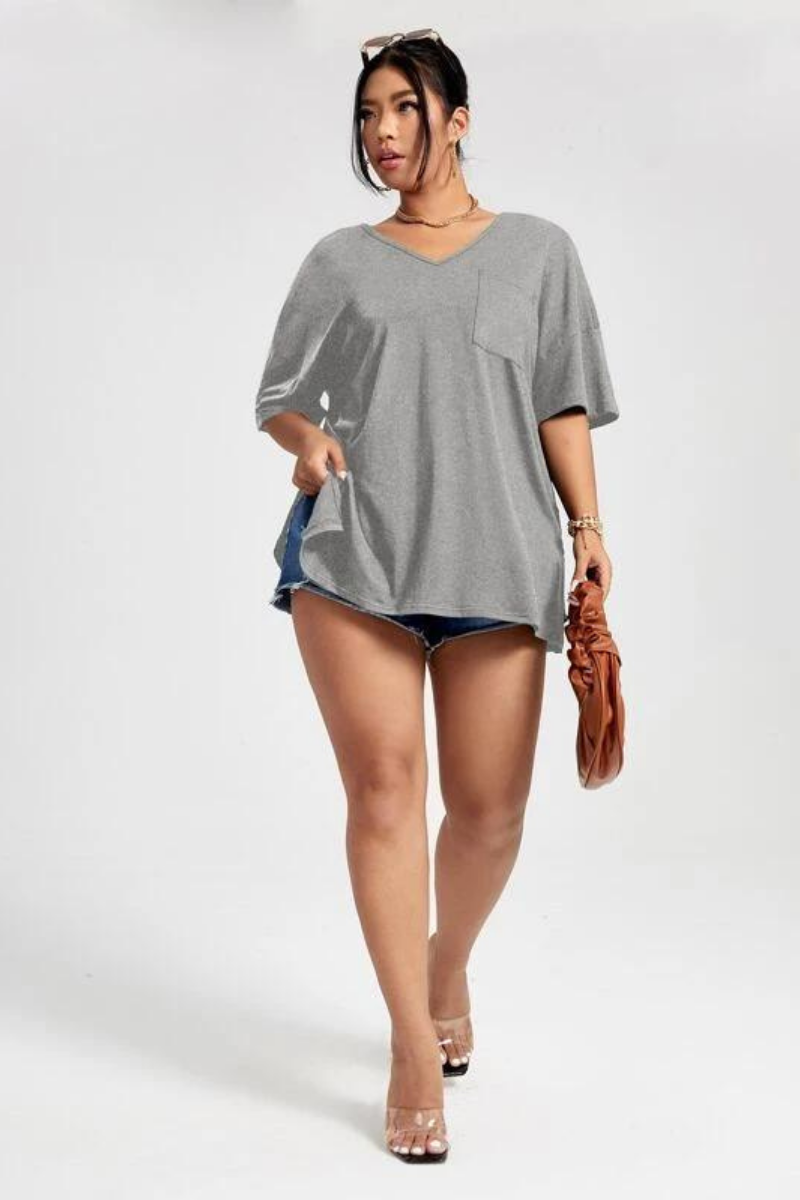 Solid Colour V Neck Side Split Hem Oversized T-shirt