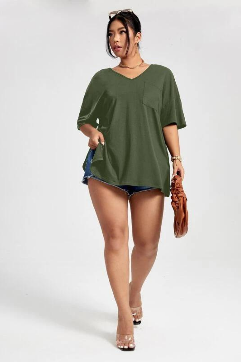 Solid Colour V Neck Side Split Hem Oversized T-shirt