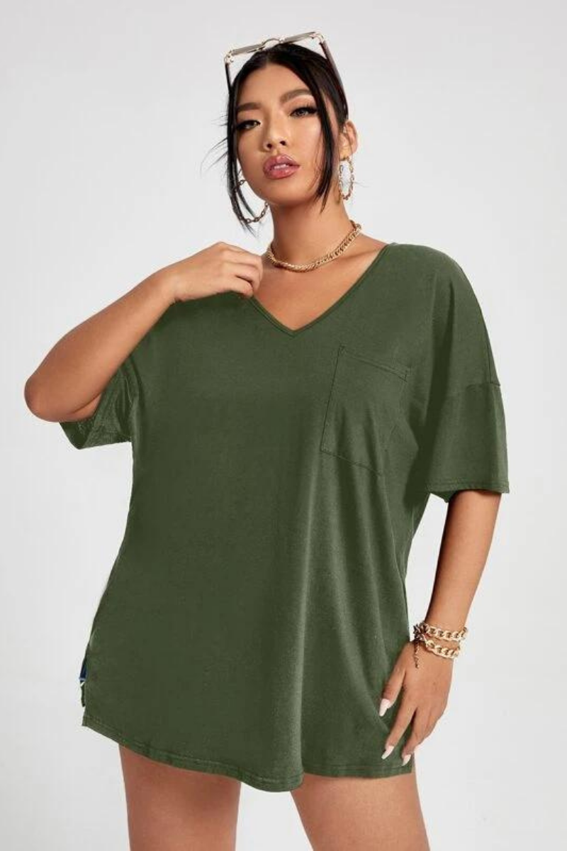 Solid Colour V Neck Side Split Hem Oversized T-shirt