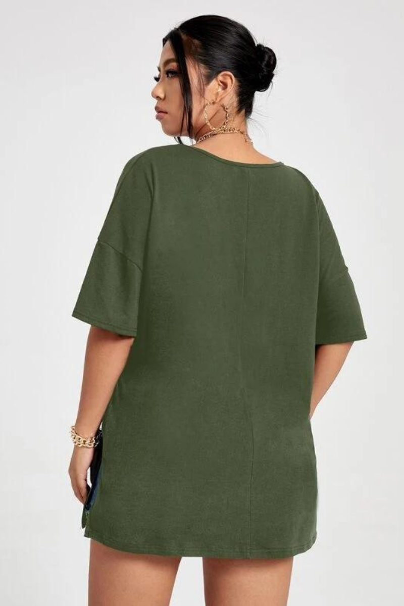 Solid Colour V Neck Side Split Hem Oversized T-shirt