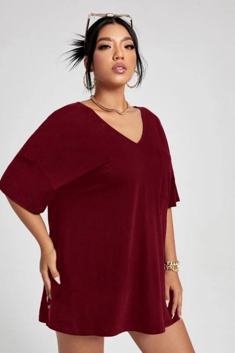 Solid Colour V Neck Side Split Hem Oversized T-shirt